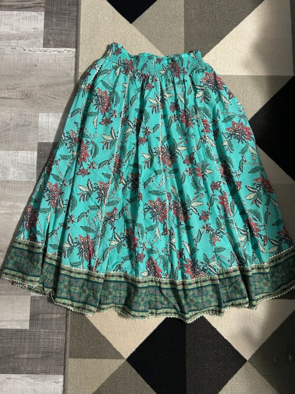 Soft Surroundings Turquoise Floral A-Line Cotton Maxi Skirt Boho Women's L
